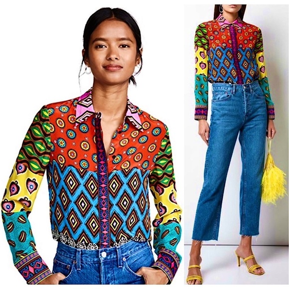 ALICE OLIVIA Silk Colorblock Patchwork Print Long Sleeve Embroidered Trim Top XS - Picture 1 of 12